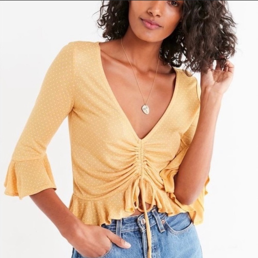 UO Yellow Polka Dot Ruched Tie Top
